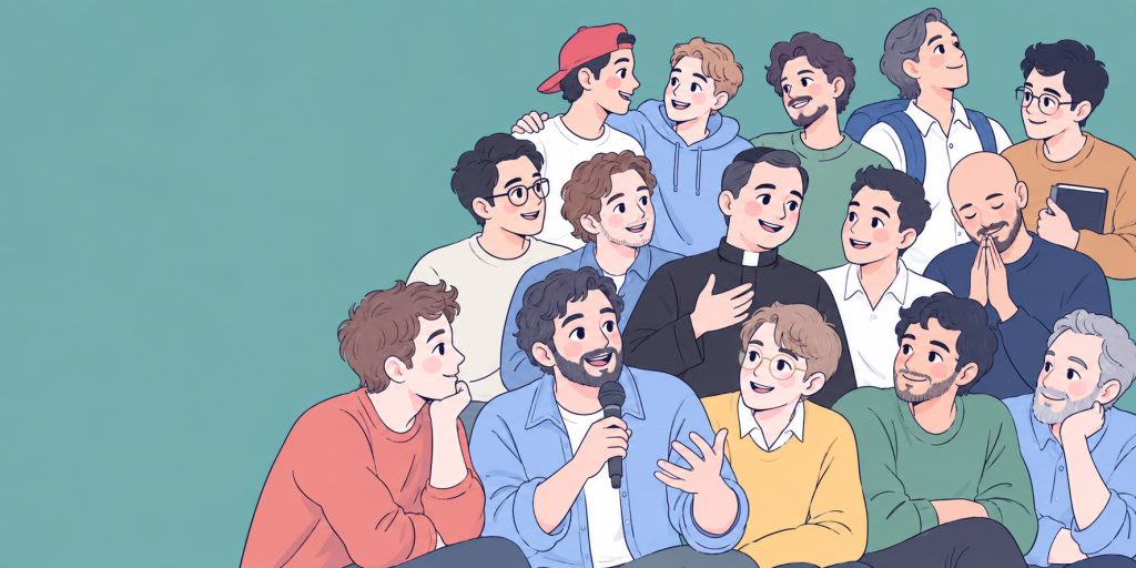 Ilustración de catorce hombres, incluidos antiguos numerarios, agregados y un sacerdote, para la serie documental El buen espíritu